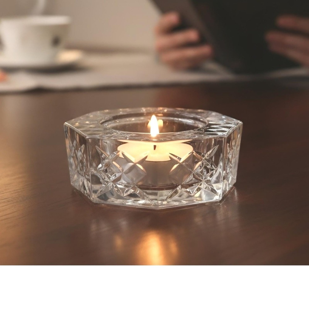 Vintage French‎ Crystal Octagon Diamond Cut Trinket Dish Tea Light Candle Holder